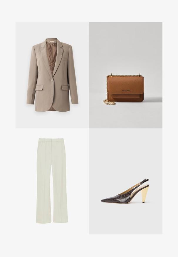 Sacou bej confecționat dintr-un material neted, cu revere înclinate, închidere cu un singur nasture și două buzunare frontale, având o căptușeală maro în contrast.; Cămașă din satin cu mâneci lungi, de culoare aurie, având guler și închidere cu nasturi pe față. Funcated de jos și textură netedă cu un finisaj strălucitor.; Pantaloni bej deschis, confecționați dintr-un material neted, cu un croi drept, pliu pe față și talie standard cu bucle pentru curea.; Pantofii cu vârf ascuțit, tip slingback, din piele sintetică lucioasă de crocodil maro închis. Include un toc geometric în nuanță de aur și o curea de gleznă ajustabilă.; Geantă crossbody din piele texturată maro, cu curea din lanț aurit și închidere cu clapetă. Partea din față prezintă detalii cu logo și o buzunar sub clapetă.