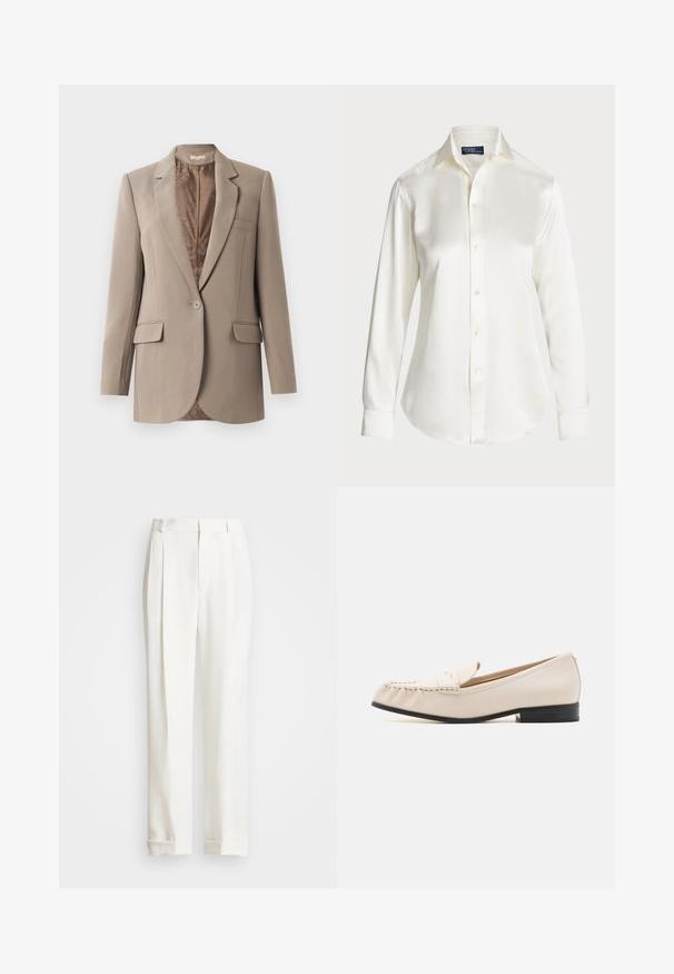 Beige blazer made from smooth fabric, featuring a notched lapel, single button closure, and two front pockets, with a contrasting brown lining.; White long-sleeve button-up shirt, made of smooth fabric, featuring a classic collar and subtle shine, with a rounded hem and button details.; White tailored trousers with two front pleats, straight cut, and folded hems. Made of smooth fabric, featuring a classic design.; MICHAEL Michael Kors CARLSON LOAFER - Slip-ons - light cream