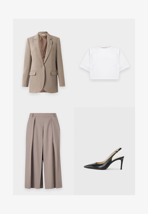 Kreminė švarkas, pagamintas iš lygaus audinio, su įpjovytu atvartu, vienu mygtuko uždarymu ir dviem priekinėmis kišenėmis, su kontrastine ruda pamušalu.; Trumpas baltas marškinėliai iš minkštos medžiagos, su trumpomis rankovėmis, apvaliu iškirpimu ir raukšlėtais hemų detalėmis. Paprastas ir be puošmenų dizainas.; Tiger of Sweden MALIAS - Šortai - mole; Juodos odinės slingback aukštakulnės bateliai su smailiu nosiu, reguliuojama juosta ir elegantišku stiletto kulnu, pasižymintys lygia apdaila.