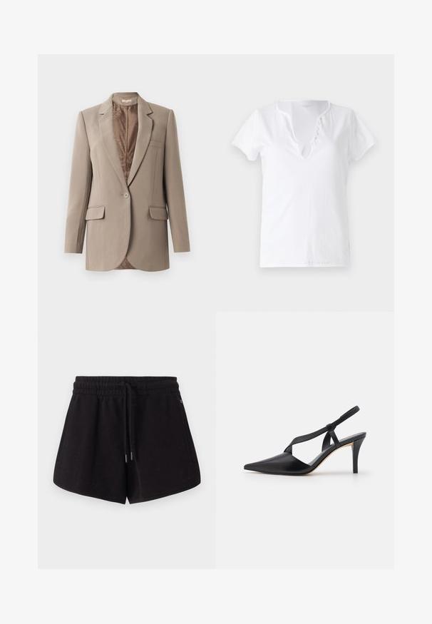 Béžový blazer vyrobený z hladkej tkaniny, so špicatými klopami, jedným zapínaním na gombík a dvoma prednými vreckami, s kontrastnou hnedou podšívkou.; Biele bavlnené tričko s krátkymi rukávmi, vo voľnom strihu a s výstrihom do V, ktorý má záhyb s piatimi dekoračnými gombíkmi.; Čierne atletické šortky vyrobené z mäkkej tkaniny. Obsahujú elastický pás s šnúrkou, bočné vrecká a voľný strih.; Čierne kožené slingback podpätky s špicatou špičkou, krížovým dizajnom popruhov a štíhlym podpätkom pre elegantný siluetu.