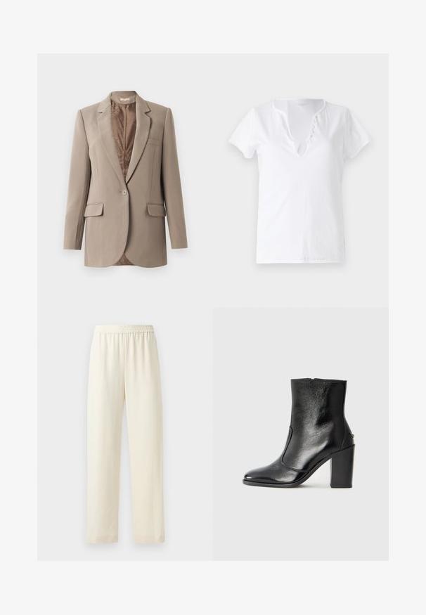 Beige blazer made from smooth fabric, featuring a notched lapel, single button closure, and two front pockets, with a contrasting brown lining.; White cotton t-shirt with short sleeves, a relaxed fit, and a V-neckline featuring a placket with five decorative buttons.; Cream-colored, straight-leg pants with an elastic waistband, smooth texture, and no visible patterns or hardware.; Black leather ankle boot with a smooth texture, pointed toe, and a chunky high heel. Features a side opening and minimalistic design.