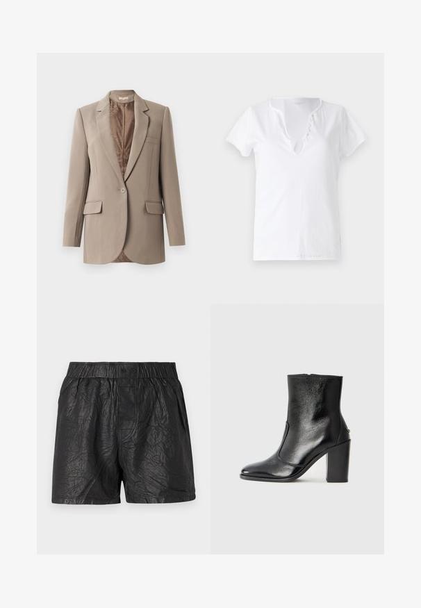 Bež sako napravljen od glatkog materijala, s reverom ušicem, zatvaranjem na jedan dugme i dva prednja džepa, s kontrastnom smeškom podstavom.; Bijela pamučna majica kratkih rukava, opuštenog kroja i V-izrezom s pločicom koja sadrži pet dekorativnih gumbića.; Crne šortse izrađene od naboranog materijala, s elastičnom gumicom i dva dugmeta, dužine do koljena, s glatkom teksturom.; Crna kožna čizma do gležnjeva s glatkom teksturom, špicastim vrhom i debelim visokim potpeticama. Ima bočni otvor i minimalistički dizajn.
