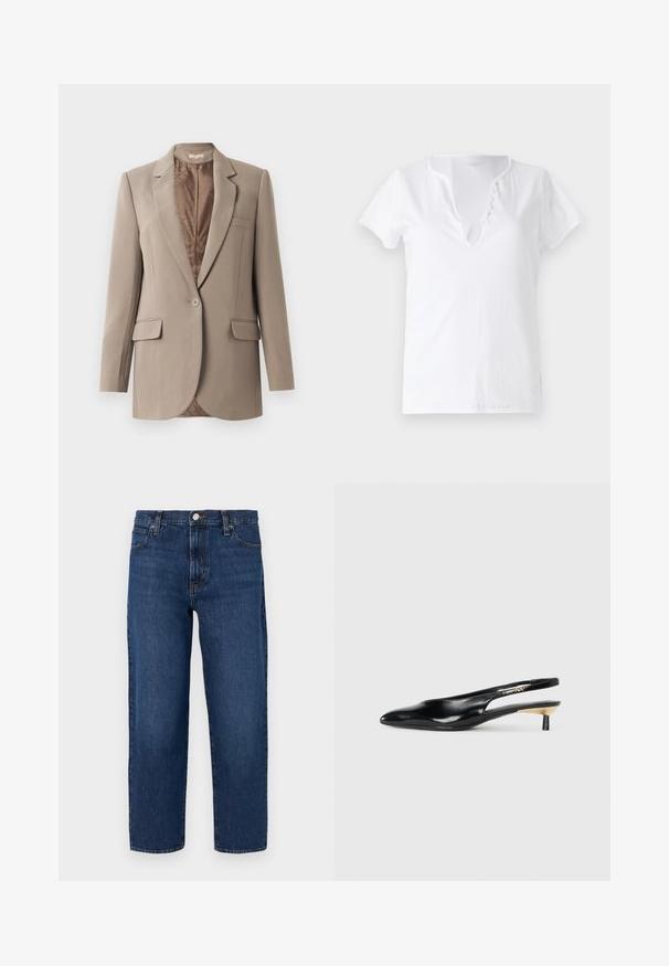 Beige blazer laget av glatt stoff, med slagkrage, enslig knappelukking, og to frontlommer, med en kontrasterende brun fôr.; Hvit bomulls T-skjorte med kort erm, avslappet passform og V-hals med en stolpe med fem dekorative knapper.; Mørkeblå denimjeans med avslappet passform, rette ben, femlomme-design, frontlukk med knapp og subtile sømdetaljer.; Sorte slingback pumps med spiss tå, glanset skinnfinish og en liten hæl med gullakcent. Elegant design med åpen bak.