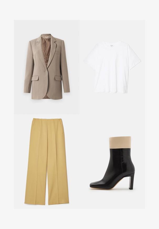 Blazer beige realizzato in tessuto liscio, con un colletto a rotondo, chiusura con un bottone singolo e due tasche frontali, con una fodera marrone a contrasto.; T-shirt bianco in cotone con maniche corte, scollo rotondo, vestibilità comoda e orlo cucito. Etichetta visibile all'interno del colletto.; Pantaloni a gamba larga in tessuto giallo senape, con tasche frontali e una superficie liscia, dal design pulito e sartoriale.; Stivaletto in pelle nera con dettaglio crema nella parte superiore, punta affilata e tacco alto con accentuazione argentata. Texture liscia senza motivi visibili.