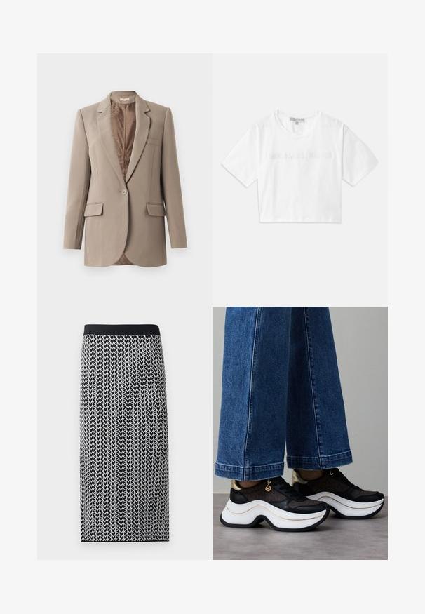 Blazer beige en tissu lisse, avec un revers à cran, fermeture à un bouton, et deux poches avant, avec une doublure marron contrastante.; T-shirt blanc court en coton, avec des manches courtes et le logo "MICHAEL KORS" brodé ton sur ton à l'avant.; Jupe longueur genou en tissu tricoté extensible présentant un motif flèche noir et blanc et une taille élastique noire.; Baskets noires et dorées avec une semelle blanche incurvée. Tissu texturé avec des accents de logo. Associées à un pantalon en denim bleu large.