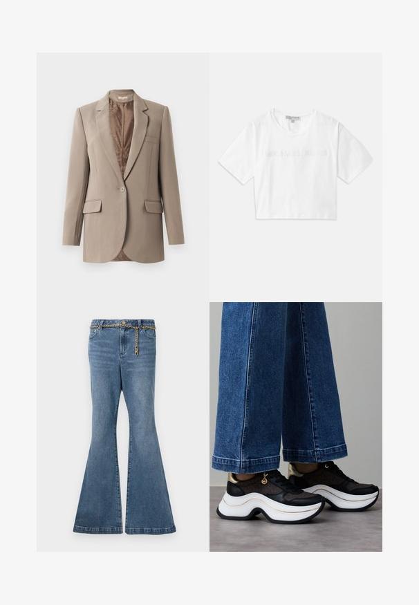 Beige blazer gemaakt van zachte stof, met een notch-kraag, enkele knoopsluiting en twee voorzakken, met een contrasterende bruine voering.; Witte cropped T-shirt van katoen, met korte mouwen en het "MICHAEL KORS" logo in bijpassende geborduurde tekst over de voorkant.; Uitlopende blauwe spijkerbroek in een medium-wash denim, met een gouden kettingdetail bij de taille en een standaard vijf-pocket ontwerp.; Zwart-gouden sneakers met een gebogen witte zool. Gestructureerde stof met logodetails. Gecombineerd met brede blauwe spijkerbroek.