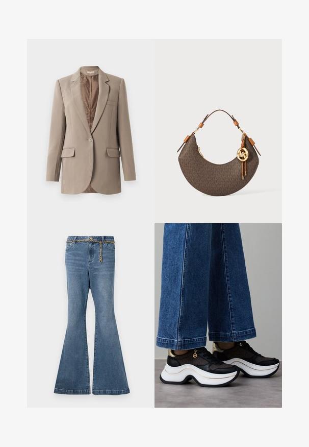 Beige blazer made from smooth fabric, featuring a notched lapel, single button closure, and two front pockets, with a contrasting brown lining.; White cropped T-shirt made of cotton, featuring short sleeves and "MICHAEL KORS" logo in matching embroidered text across the front.; Flared blue jeans in medium-wash denim, featuring a gold chain detail at the waist and standard five-pocket design.; Black and gold sneakers with a curved white sole. Textured fabric with logo accents. Paired with wide blue denim pants.; Brown crescent-shaped handbag with tan leather strap, gold hardware, and circular MK logo charm hanging on side.
