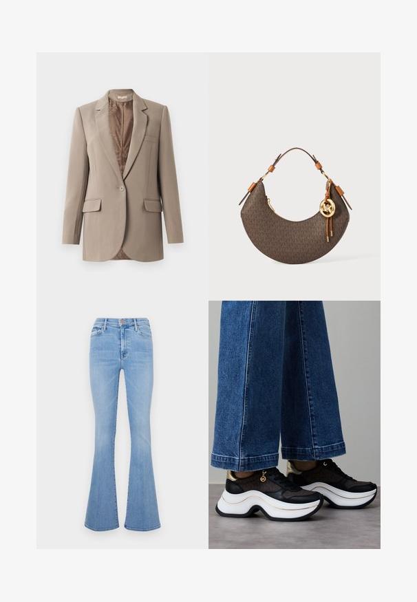 Béžový blazer vyrobený z hladkej tkaniny, so špicatými klopami, jedným zapínaním na gombík a dvoma prednými vreckami, s kontrastnou hnedou podšívkou.; Biele skrátené tričko vyrobené z bavlny, s krátkymi rukávmi a vyšitým nápisom "MICHAEL KORS" v zodpovedajúcom dizajne na prednej strane.; Svetlomodré rozšírené džínsy s vysokým pásom, vyrobené z denimu, so prednými vreckami a jemne vyblednutou textúrou.; Čierne a zlaté tenisky s krivou bielou podrážkou. Textúrovaná látka s logotypovými akcentmi. Kombinované so širokými modrými rifľovými nohavicami.; Hnedá taška v tvare polmesiaca s béžovým koženým remienkom, zlatým kovovým hardvérom a okrúhlym charmom s logom MK visiacim na strane.