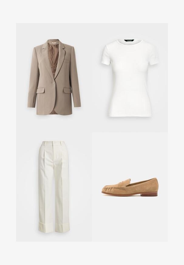 Beige blazer made from smooth fabric, featuring a notched lapel, single button closure, and two front pockets, with a contrasting brown lining.; White cotton T-shirt with short sleeves, round neck, fitted design, and smooth texture. Logo tag at neckline.; White tailored pants featuring a high waist, double front pleats, and wide legs with folded cuffs. Made from a smooth, textured fabric.; Suede loafers in light beige with a rounded toe, front strap accent, and a low wooden heel. Smooth texture and minimal stitching details.