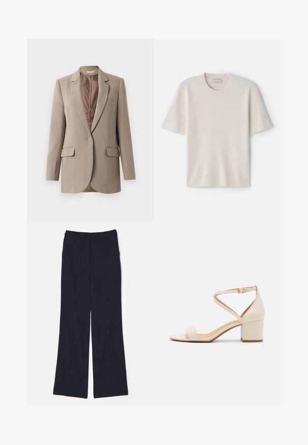 Beige bleizers, kas izgatavots no gludas auduma, ar izgrieztu atlokni, vienas pogas aizdari un divām priekšējām kabatām, ar kontrastējošu brūnu oderi.; Krēmveidīga T-kreklu ar īsām piedurknēm, apaļo kakla izgriezumu, izgatavota no mīksta materiāla, ar taisnu griezumu un minimālu dekoru.; Jūras spēku plaša taisna griezuma bikses, izgatavotas no gludas auduma, ar augstu jostasvietu un divām priekšējām krokām, kas norit lejup pa kājām.; Beidzas bloku papēžu sandales ar minimālistisku dizainu, atvērtu pirkstu un regulējamu potītes siksniņu ar zelta sprādzi. Gluda tekstūra.