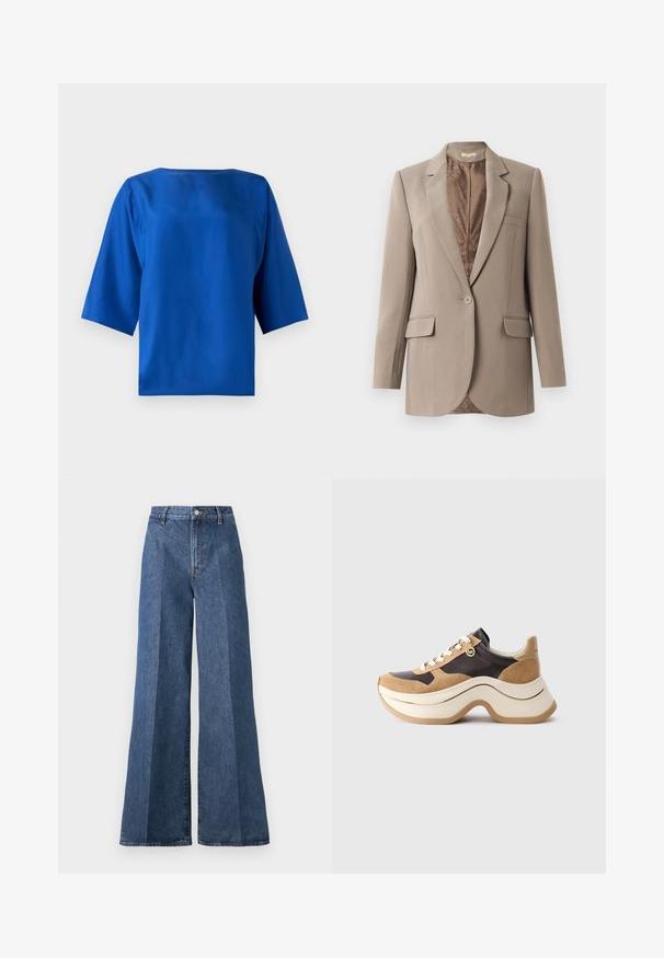 Beige blazer laget av glatt stoff, med slagkrage, enslig knappelukking, og to frontlommer, med en kontrasterende brun fôr.; Kongelig blå kortermet topp med minimalistisk design, silkeaktig tekstur, rund hals og avslappet passform. Ingen mønstre eller synlige detaljer.; Videleggete blå denim jeans med høy midje, med klassisk fem-lomme stil og knappelukking, laget av teksturert bomullsstoff.; Chunky sole sneaker i beige og mørk brun med suedesatser, hvite snøringer og en liten gull MK-charmside.