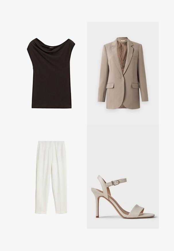 Beige blazer gemaakt van zachte stof, met een notch-kraag, enkele knoopsluiting en twee voorzakken, met een contrasterende bruine voering.; Zwarte, lichtgewicht top met een gedrapeerde halslijn en kapmouwen. Gladde textuur met een eenvoudig, ongeversierd ontwerp.; Marks & Spencer Broek - ivory; Beige hoge hak sandaal met een gladde leren afwerking, open teen, brede frontband en een verstelbare enkelband met metalen gesp.