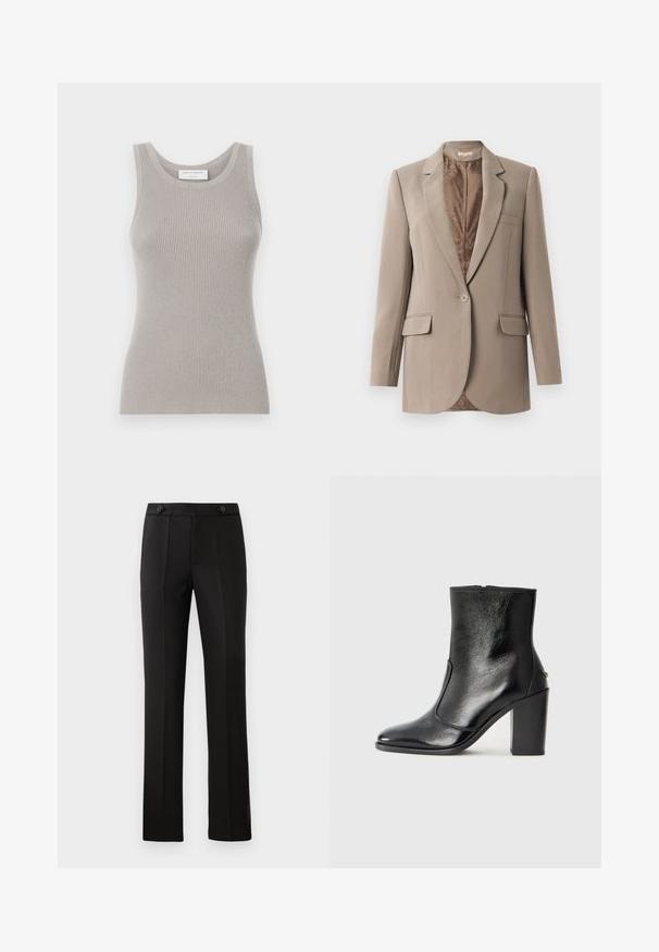 Bež sako napravljen od glatkog materijala, s reverom ušicem, zatvaranjem na jedan dugme i dva prednja džepa, s kontrastnom smeškom podstavom.; Sivi rebrasti top s okruglim izrezom i širokim naramenicama. Ima mekanu teksturu i prilagođeni dizajn. Vidljiva oznaka branda.; Crne krojene hlače ravnog kroja, s dva prednja džepa, dugmetom za zatvaranje i pregibima sprijeda. Glatka tekstura tkanine.; Crna kožna čizma do gležnjeva s glatkom teksturom, špicastim vrhom i debelim visokim potpeticama. Ima bočni otvor i minimalistički dizajn.