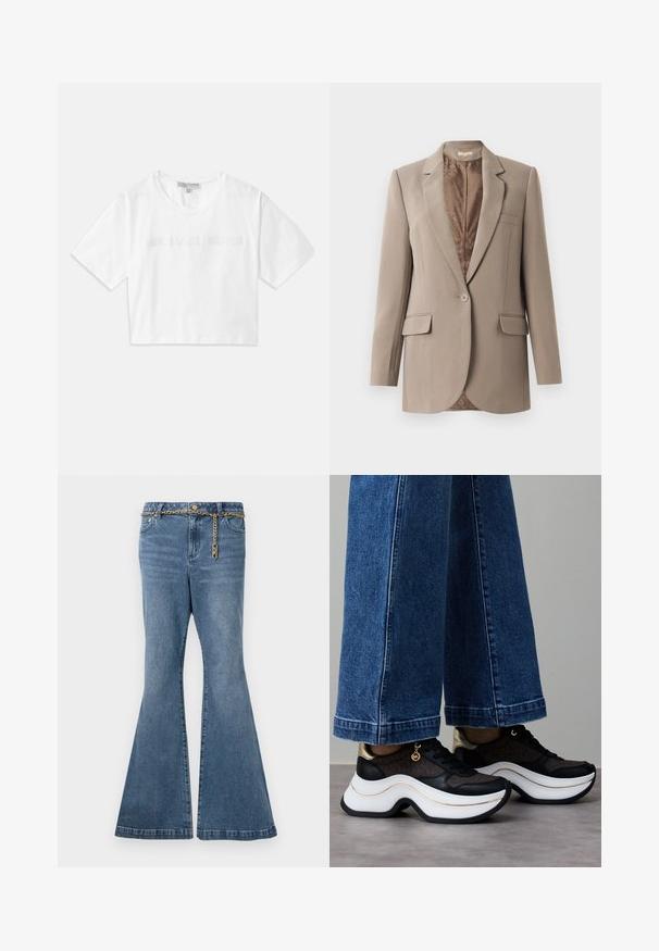 Blazer beige realizzato in tessuto liscio, con un colletto a rotondo, chiusura con un bottone singolo e due tasche frontali, con una fodera marrone a contrasto.; T-shirt bianco cropped in cotone, con maniche corte e logo "MICHAEL KORS" ricamato in testo abbinato sul davanti.; Jeans a zampa d'elefante in denim lavato medio, con dettaglio in catena dorata in vita e design a cinque tasche standard.; Sneakers nere e oro con suola bianca curva. Tessuto strutturato con accenti di logo. Abbinati a pantaloni di jeans larghi blu.