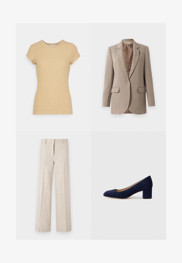 Beige bleiser, mis on valmistatud siledast kangast, millel on lõigatud krae, üksnuppuline kinnitamine ja kaks esist pockets, kontrastse pruuniga vooder.; Filippa K FINE TEE - Lihtne T-särk - sand beige; Beežid laiade jalgade püksid kergest kangast, millel on sile tekstuur ja puhtad eesplekid. Vöökoht on kohandatud vöötaskutega.; Tumesinise sametist kõrge kontsaga king, millel on terav nina ja keskmise kõrgusega plokk-konts. Sile tekstuur kerge sädelusega ja ees väike lõige.