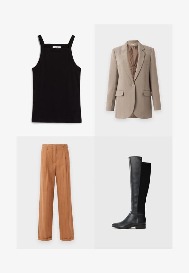 Beige blazer made from smooth fabric, featuring a notched lapel, single button closure, and two front pockets, with a contrasting brown lining.; Black tank top with thin spaghetti straps, made of a ribbed fabric, featuring a straight cut and a label at the neckline reading "IVY OAK."; Brown pinstriped trousers with a tailored design, featuring pleats, a straight cut, and a cuffed hem. Made from a smooth fabric.; Black knee-high leather boot with elastic fabric back panel, low block heel, and small metallic brand logo near top edge.