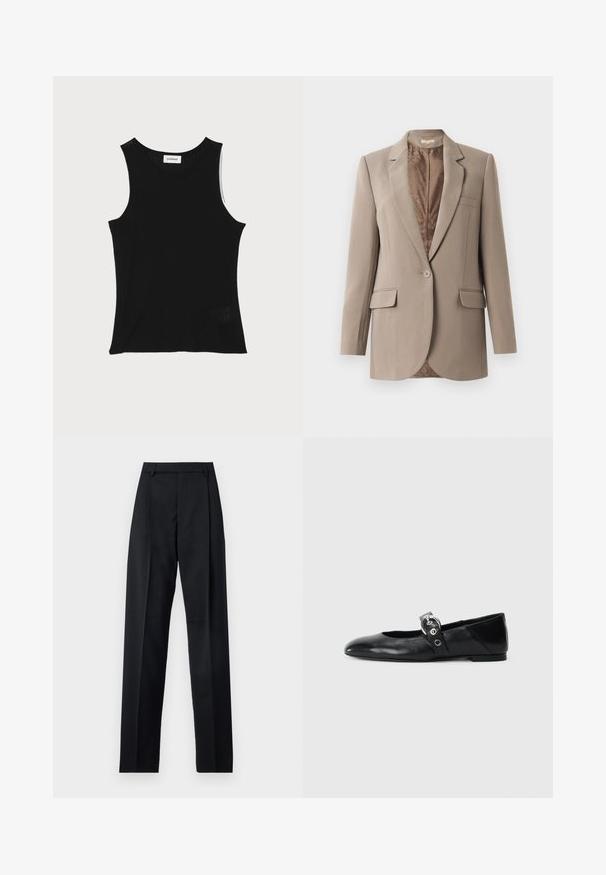 Bež blazer iz gladkega materiala, z režastim ovratnikom, zapiranjem na en gumb in dvema sprednjima žepoma, s kontrastno rjavo podlogo.; Črna rebrasta majica brez rokavov z okroglim izrezom in širokimi naramnicami, ki ima subtilno teksturirano površino in majhen mrežast detajl na robu.; Črne hlače iz gladkega materiala, ki imajo visok pas, široke noge, sprednje nabore in klasične zanke za pas. Nevidni stranski žepi.; Črne usnjene baletne balerinke s koničastim nosom, ki imajo trak z okroglo kovinsko zaponko in ravno podplat.