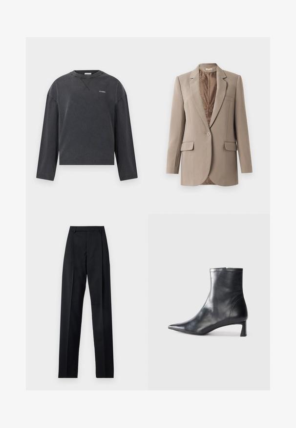Beige blazer made from smooth fabric, featuring a notched lapel, single button closure, and two front pockets, with a contrasting brown lining.; CLOSED CREWNECK LONGSLEEVE - Long sleeved top - black; Black trousers made from smooth fabric featuring a high waist, wide legs, front pleats, and classic belt loops. No side pockets visible.; Black leather ankle boot with a pointed toe and a sleek design. Features a low heel and a zipper closure at the back. Smooth texture.