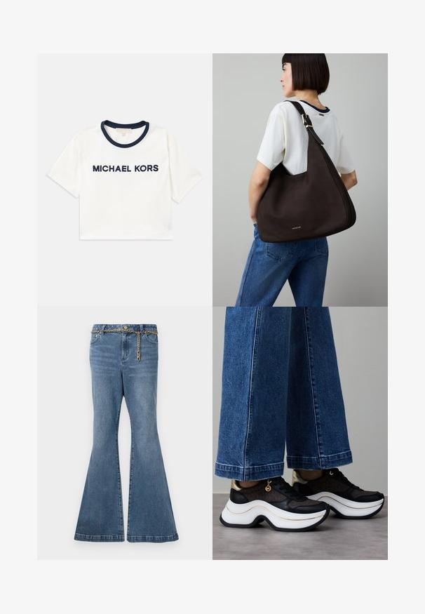 Blazer beige en tissu lisse, avec un revers à cran, fermeture à un bouton, et deux poches avant, avec une doublure marron contrastante.; T-shirt blanc court avec encolure marine, arborant "MICHAEL KORS" imprimé en marine. Fabriqué en coton doux avec des manches courtes.; Jean flare en denim délavé moyen, avec un détail en chaîne dorée à la taille et une conception standard à cinq poches.; Baskets noires et dorées avec une semelle blanche incurvée. Tissu texturé avec des accents de logo. Associées à un pantalon en denim bleu large.; Sac à main en cuir marron foncé de forme triangulaire, au design élégant, avec des accents métalliques dorés et une large bandoulière.