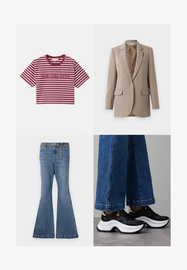 Beige Blazer aus glattem Stoff mit Reverskragen, einem einzelnen Knopfverschluss und zwei vorderen Taschen, mit einer kontrastierenden braunen Futter.; Kurzärmliges, cropped T-Shirt mit bordeauxfarbenen und weißen horizontalen Streifen, mittig mit "MICHAEL KORS" bestickt.; Schlagjeans aus mitteldunkel gewaschenem Denim in Blau, mit einem goldenen Kettenakzent an der Taille und klassischem Fünf-Taschen-Design.; Schwarze und goldene Turnschuhe mit einer gewellten weißen Sohle. Texturiertes Gewebe mit Logo-Akzenten. Kombiniert mit weiten blauen Jeanshosen.