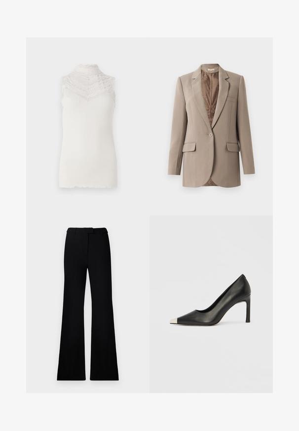 Beige bleiser, mis on valmistatud siledast kangast, millel on lõigatud krae, üksnuppuline kinnitamine ja kaks esist pockets, kontrastse pruuniga vooder.; Särgneva valge ilma varrukateta pluus, millel on kõrge pitsist krae laineliste servadega, ribakujuline tekstuur ja istuv siluett.; Mustad flared püksid, millel on sile tekstuur, kohandatud vöökoht ja ees olevad taskud, kujundatud laisa, modernse siluetiga.; Mustast nahast kõrge kontsaga king terava varba ja metallik hõbedase otsikuga. Iseloomustab sile viimistlus ja sihvakas 10 cm konts.