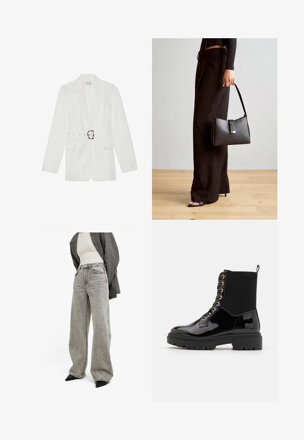 Blazer blanco con cintura ceñida, dos bolsillos frontales, solapas puntiagudas y una tela texturizada. Presenta herrajes plateados en el cinturón.; Conjunto de dos camisetas de manga larga en blanco y negro. Textura acanalada, cuello redondo, diseño ajustado con mangas ligeramente acampanadas.; Jeans de tiro alto en denim de color gris claro y corte ancho, con bolsillos delanteros y detalles de costura visibles, combinados con zapatos negros.; Botas negras de charol hasta el tobillo con una parte superior de tela ribeteada texturizada, ojales dorados, cordones negros y suela resistente.; Bolso negro con forma estructurada, textura suave y un cierre metálico. Combinado con pantalones anchos negros y sandalias de dedo en un suelo de madera.