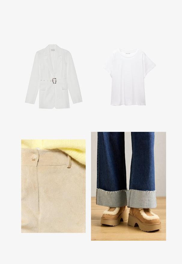 Bela srajca z obleko in pasom, z dvema sprednjima žepoma, koničastim klapami in teksturirano tkanino. Ima srebrno opremo na pasu.; Bela majica s kratkimi rukavi, izdelana iz mehkega in lahkega blaga. Ima okroglo ovratnico ter kratke, široke rokave z udobnim krojem. Brez vidnih vzorcev.; LolaLiza Hlače - lt beige; Rjave ante boote s platformo, obložene s kremastim krznom, v kombinaciji s širokimi denim hlačami z razfrkanimi robovi in lažjim denim zapenjanjem.