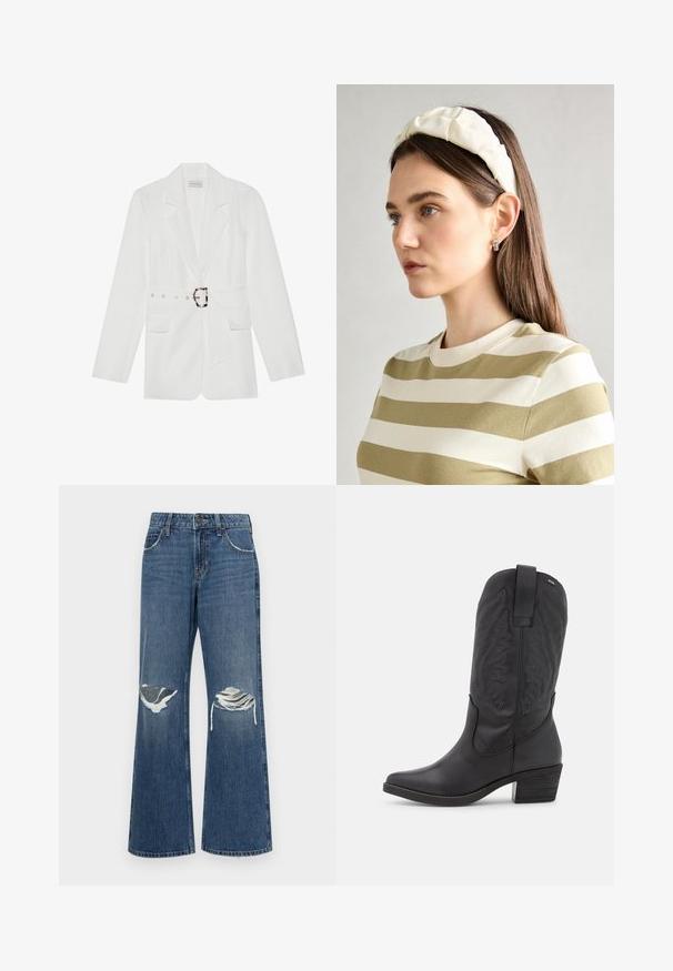 Bela srajca z obleko in pasom, z dvema sprednjima žepoma, koničastim klapami in teksturirano tkanino. Ima srebrno opremo na pasu.; Bela majica s kratkimi rokavi in širokim ovratnikom ter teksturiranim rebrastim vzorcem, izdelana iz mehke tkanine, z udobnim krojem in čistim dizajnom.; Jeans širokih nogavic iz denima v srednje modri barvi, z raztrganinami na kolenih, surovimi robovi in klasičnim dizajnom petih žepov ter kovinskim gumbom za zapiranje.; mtng TEO - Škornji v kavbojskem/motorističnem slogu - black; Kremna ušesna traka s prepletenim dizajnom, uparjena s bež in belimi črtastimi majicami z okroglim izrezom. Diskretni nakit.