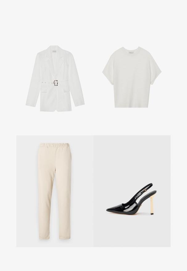 Weißer Blazer mit tailliertem Schnitt, zwei vorderen Taschen, Reverskragen und strukturiertem Stoff. Mit silbernem Zubehör am Gürtel.; Weißes T-Shirt mit kurzen Ärmeln, weitem Rundhalsausschnitt und strukturiertem Rippenmuster, aus weichem Stoff, mit legerer Passform und einem klaren Design.; Beige Baumwollhose mit einem gerafften Bund, geradem Bein und ohne sichtbare Muster, die eine glatte Textur und einen einfachen Saum aufweist.; Schwarze patentierte Slingback-Pumps mit spitzer Nase und goldfarbigem quadratischem Absatz. Mit verstellbarem Knöchelriemen.