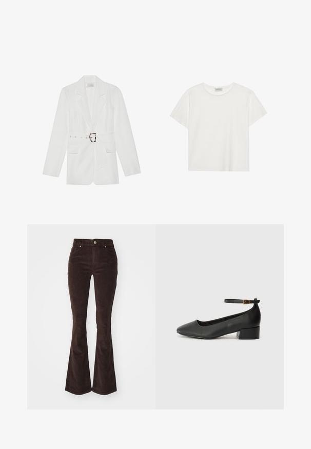Witte blazer met een tailleriem, twee voorkwasten, piekercellen en een gestructureerde stof. Bevat zilveren hardware bij de riem.; Witte T-shirt met korte mouwen, gemaakt van zachte katoen. Heeft een ronde halslijn en een relaxte pasvorm. Schoon ontwerp zonder zichtbare patronen of accenten.; Vero Moda VMFLASH FLARED PANTS - Broek - chocolate torte; Zwarte leren pump met een spitse neus en een lage blokhak. Beschikt over een enkelband met een goudkleurige gespsluiting. Gladde textuur.