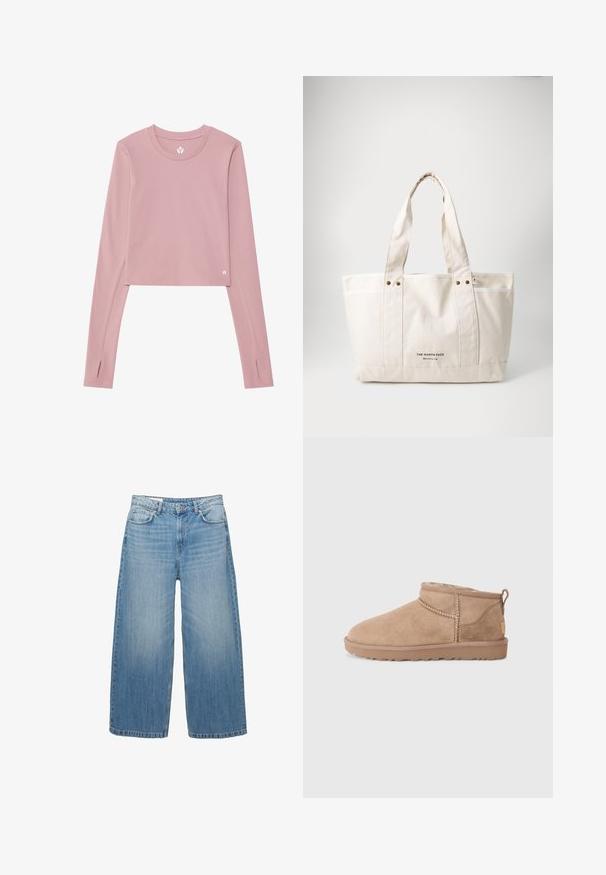 White blazer with a belted waist, two front pockets, peaked lapels, and a textured fabric. Features silver hardware at the belt.; Long-sleeve cropped top in soft pink fabric; features a round neck, thumbholes in the cuffs, and a small logo on the hem.; Light blue wide-leg jeans made of denim, featuring a classic five-pocket design and a button closure. Faded texture throughout.; Brown suede ankle boots with a soft interior lining, stitched detailing, and a textured rubber sole for grip. Loop at the back for easy wear.; Canvas tote bag in light beige with two sturdy handles, contrasting white trim, and logo "THE NORTH FACE" in black at the front.