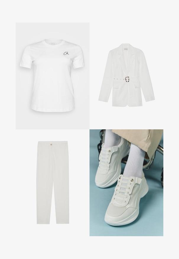 Biały żakiet z paskiem w talii, dwoma przednimi kieszeniami, wyłogami i teksturowanym materiałem. Posiada srebrne akcesoria na pasku.; Biała bawełniana koszulka z okrągłym dekoltem i krótkimi rękawami. Posiada małe czarne logo "CK" na lewej piersi. Gładka tekstura, klasyczny krój.; Białe, dopasowane spodnie z prostymi nogawkami, posiadające zapięcie na guzik, szlufki na pasek oraz kieszenie boczne; gładka tekstura materiału.; Białe sneakersy z siateczkowego materiału, gumową podeszwą, bezsznurowym designem z elastycznymi paskami oraz złotymi akcentami.