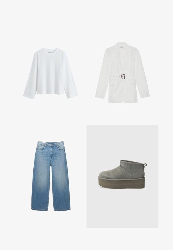 Weißer Blazer mit tailliertem Schnitt, zwei vorderen Taschen, Reverskragen und strukturiertem Stoff. Mit silbernem Zubehör am Gürtel.; Weißes Langarm-T-Shirt aus weicher Baumwolle, mit rundem Ausschnitt und Raglanärmeln, lockerer Passform und ohne sichtbare Muster.; Hellblaue weite Jeans aus Denim, mit einem klassischen Fünf-Taschen-Design und einem Knopfverschluss. Im ganzen Stoff mit einem verwaschenen Look.; Graue Wildleder-Stiefeletten mit runder Zehenpartie, tiefem Schnitt und dicker Plattformsohle. Mit einer Zuglasche an der Ferse und genähten Akzenten.