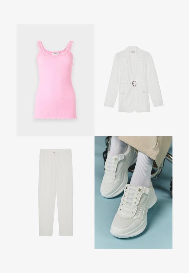 White blazer with a belted waist, two front pockets, peaked lapels, and a textured fabric. Features silver hardware at the belt.; Pink ribbed tank top with lace trim along the neckline and straps. Features a fitted design and a slightly frayed hem at the bottom.; White, tailored trousers with a straight leg design, featuring a button closure, belt loops, and side pockets; smooth fabric texture.; White sneakers featuring a mesh material, rubber sole, lace-free design with elastic bands, and gold-toned accents.