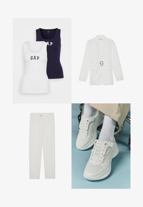 White blazer with a belted waist, two front pockets, peaked lapels, and a textured fabric. Features silver hardware at the belt.; Two tank tops in white and navy, featuring a ribbed texture, scoop neck, and the word "GAP" printed in contrasting colors on the front.; White, tailored trousers with a straight leg design, featuring a button closure, belt loops, and side pockets; smooth fabric texture.; White sneakers featuring a mesh material, rubber sole, lace-free design with elastic bands, and gold-toned accents.
