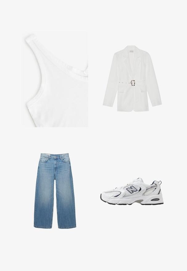 Biały żakiet z paskiem w talii, dwoma przednimi kieszeniami, wyłogami i teksturowanym materiałem. Posiada srebrne akcesoria na pasku.; Biała koszulka na ramiączkach o gładkiej, miękkiej fakturze. Posiada cienkie ramiączka oraz dekolt w serek, wykonana z lekkiego materiału bawełnianego.; Jasnoniebieskie dżinsy o szerokich nogawkach, wykonane z denimu, charakteryzujące się klasycznym pięciopocketowym fasonem i zapięciem na guzik. Przez cały materiał widoczny jest efekt wypłowienia.; Białe sportowe buty z siateczkową cholewką, granatowymi akcentami i wyściełaną podeszwą. Posiadają logo "N", sznurówki oraz teksturowany detal po boku.