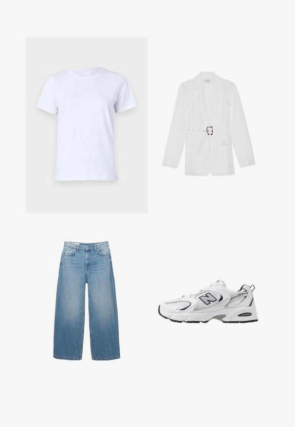 Bela srajca z obleko in pasom, z dvema sprednjima žepoma, koničastim klapami in teksturirano tkanino. Ima srebrno opremo na pasu.; Bela bombažna majica, kratki rukavi, klasična zasnova s krožnim izrezom, enostavna tekstura brez vzorcev ali detajlov, standardna prileganje, preprosta in vsestranska.; Svijetloplave široke traperice napravljene odDenima, s klasičnim dizajnom pet džepova i zatvaranjem na gumbe. Ispucala tekstura kroz cijelu površinu.; Bele športne copate z mrežasto zgornjimi deli, mornarskimi naglasnimi barvami in oblazinjeno podplatom. Vključujejo logotip "N", vezalke in teksturirane detajle na strani.
