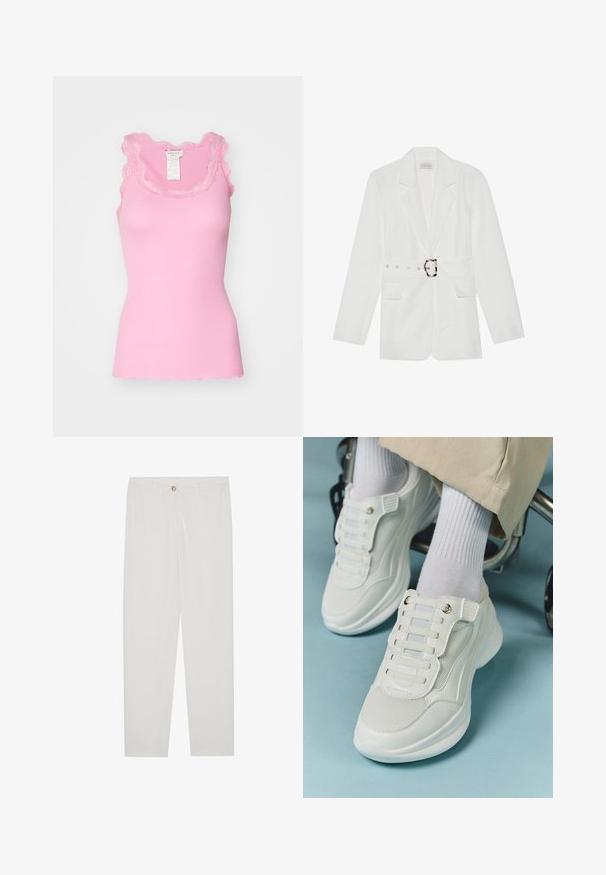 Blazer branco com cordão na cintura, dois bolsos frontais, lapelas pontiagudas e um tecido texturizado. Apresenta um fecho prateado no cinto.; Rosemunde BABETTE U NECK - Top - dolly pink; Calças brancas, ajustadas, com um design de perna reta, apresentando um fecho de botão, passantes para cinto e bolsos laterais; textura de tecido suave.; Tênis brancos com material em rede, sola de borracha, design sem atacadores com faixas elásticas e detalhes em tom dourado.