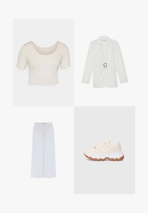 Fehér blézer övvel a deréknál, két elülső zsebbel, csúcsos hajtókákkal és struktúrált anyaggal. A derék övén fémből készült elemek találhatóak.; Rövid ujjú, cropped felső világos bézs bordás anyagból. Széles kerek nyakkivágással és feszes szabással rendelkezik, kiemelve a sima textúrát.; Fehér, bő szárú nadrág sima textúrával, két elülső zsebbel és gombos záródással, kényelmes illeszkedésre tervezve.; Dundi sportcipők krémszínben, fehér középtalppal és világosbarna gumitalppal. Domború részletek és kerek fűzőlyukak fémes díszítéssel.