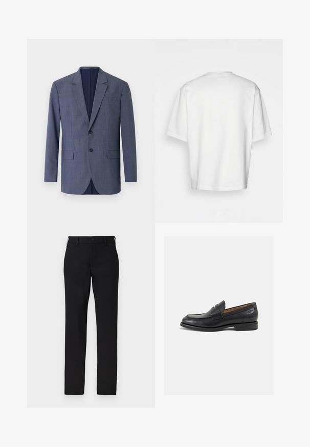 Tummansininen bleiseri, joka on valmistettu teksturoidusta kankaasta, ja jossa on hienovarainen ruutukuvio, kaksi etutaskua sekä kaksi nappia edessä.; Valkoinen, lyhythihainen t-paita pyöreällä pääntiellä, valmistettu puuvillasta. Yksinkertainen muotoilu, ei kuvioita tai koristeita, nähtynä takaa.; Musta housut, jotka on valmistettu sileästä kankaasta, suoranlahkeiset, napillinen sulku ja vyölenkit. Ilman näkyviä kuvioita tai aksentteja.; Mustat nahkaloaferit, joissa on sileä pinta, pyöreä varvas ja koristeompeleet varpaansuojassa. Matala pinottu korko ja hieno kiilto.