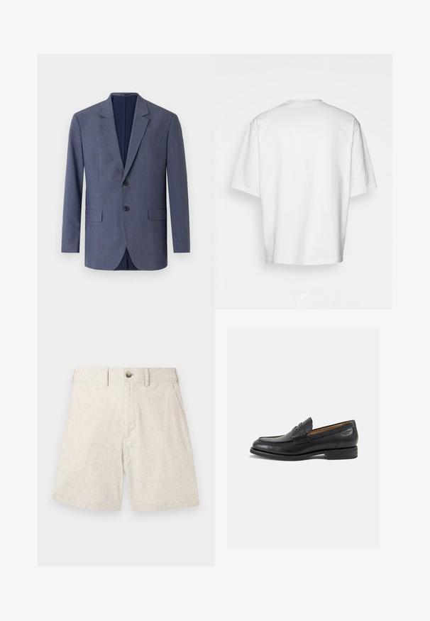 Blazer bleu marine en tissu texturé, présentant un motif à carreaux subtil, deux poches avant et deux boutons sur le devant.; T-shirt blanc à manches courtes avec encolure ronde, fabriqué en coton. Design simple, sans motifs ni accents, vu de dos.; Shorts en lin beige clair avec un tissu texturé, dotés d'une fermeture par bouton à l'avant, de deux poches latérales et d'un design ajusté.; Mocassins en cuir noir avec une finition lisse, bout rond et coutures décoratives sur la tige. Talon bas empilé et léger brillant.
