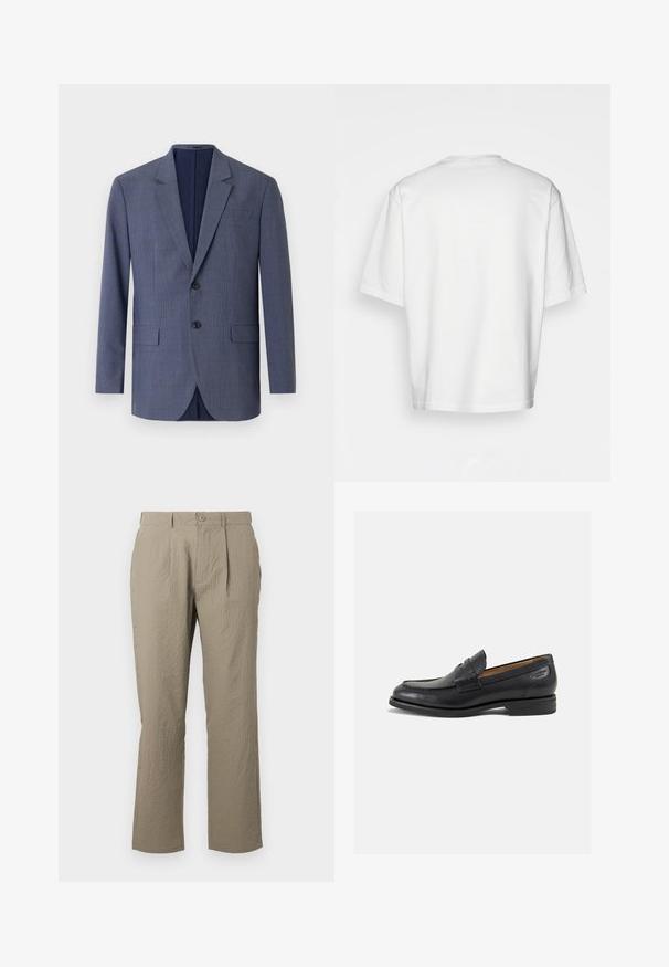 Námorně modrý blazer vyrobený z texturované tkaniny, s jemným kostkovaným vzorem, dvěma předními kapsami a dvěma knoflíky vpředu.; Bílé tričko s krátkými rukávy a kulatým výstřihem, vyrobené z bavlny. Jednoduchý design, bez vzorů nebo ozdůbek, zobrazené zezadu.; Béžové kalhoty s texturovaným povrchem, rovného střihu, s předními sklady a s jedním knoflíkem na zapínání v pase.; Černé kožené mokasíny s hladkým povrchem, zaoblenou špičkou a dekorativním prošíváním na svršku. Nízký podpatka a mírný lesk.