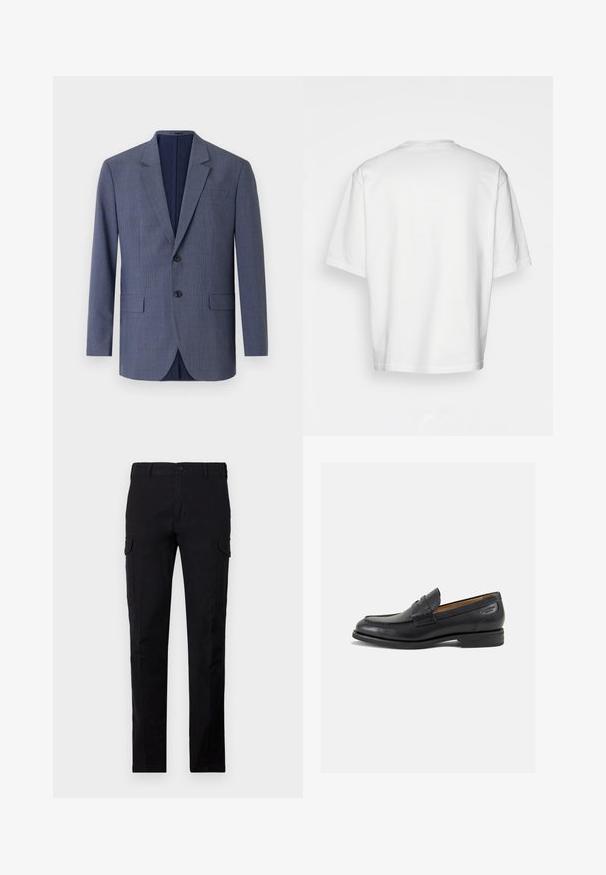 Navy blue blazer made of textured fabric, featuring a subtle checked pattern, two front pockets, and two buttons on the front.; White, short-sleeved t-shirt with a round neckline, made from cotton. Simple design, no patterns or accents, viewed from the back.; Black cargo pants made of sturdy fabric, featuring a regular fit, button closure, and two side cargo pockets. Plain texture with no patterns.; Black leather loafers with a smooth finish, rounded toe, and decorative stitching on the vamp. Low stacked heel and slight shine.