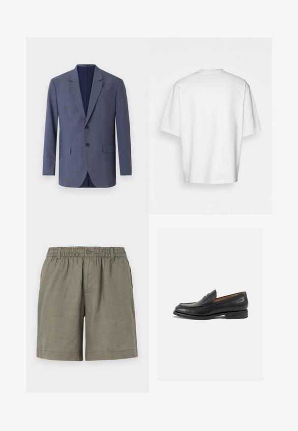 Marineblauwe blazer van textuurstof, met een subtiel geruit patroon, twee voorzakken en twee knopen aan de voorkant.; Wit, kort mouw T-shirt met een ronde halslijn, gemaakt van katoen. Eenvoudig ontwerp, zonder patronen of accenten, gezien van achteren.; Khaki korte broek van lichtgewicht stof met een elastische tailleband en knoopsluiting. Kenmerkt zich door een rechte pasvorm en omgeslagen zoom.; Zwarte leren loafers met een gladde afwerking, ronde neus en decoratieve stiksels op de wreef. Lage gestapelde hak en een lichte glans.