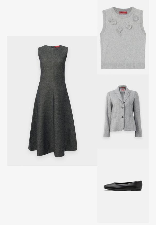 Harmaa räätälöity bleiseri, jossa on kara, kaksi etunappia, pystysuorat ommellut saumat ja etutaskut, esitelty valkoista taustaa vasten.; Vaaleanharmaa hihaton neule, jossa on ribbauspääntie ja -helmus. Edessä on kolme teksturoitua kukka-applikoitua. Brändilogo: MAX&Co.; Harmaa hihaton mekko, jossa on levenevä siluetti ja joka on valmistettu rakenteellisesta kankaasta. Ominaisuuksiin kuuluu piilotettu takavetoketju ja sileä kaula-aukko.; Paul Smith TOPANGA - Ballerinat - black