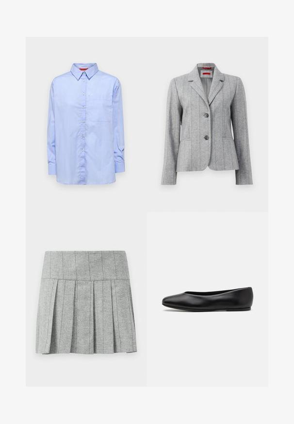 Šedý přizpůsobený blejzr s klopovým límcem, dvěma předními knoflíky, vertikálními švy a předními kapsami, vystavený na bílém pozadí.; Svetle šedý bezrukávový svetr s ribovaným výstřihem a lemem. Na přední straně jsou tři texturované květinové aplikace. Značka: MAX&Co.; Svetle modrá košile s dlouhým rukávem, s límcem na knoflíky, přední kapsou a hladkou texturou látky. Obsahuje knoflíky po celé přední části.; Šedá plisovaná sukně vyrobená z látky s rybí kostrou; má strukturovaný pas a rovný střih na spodní části.; Paul Smith TOPANGA - Klasické baleríny - black