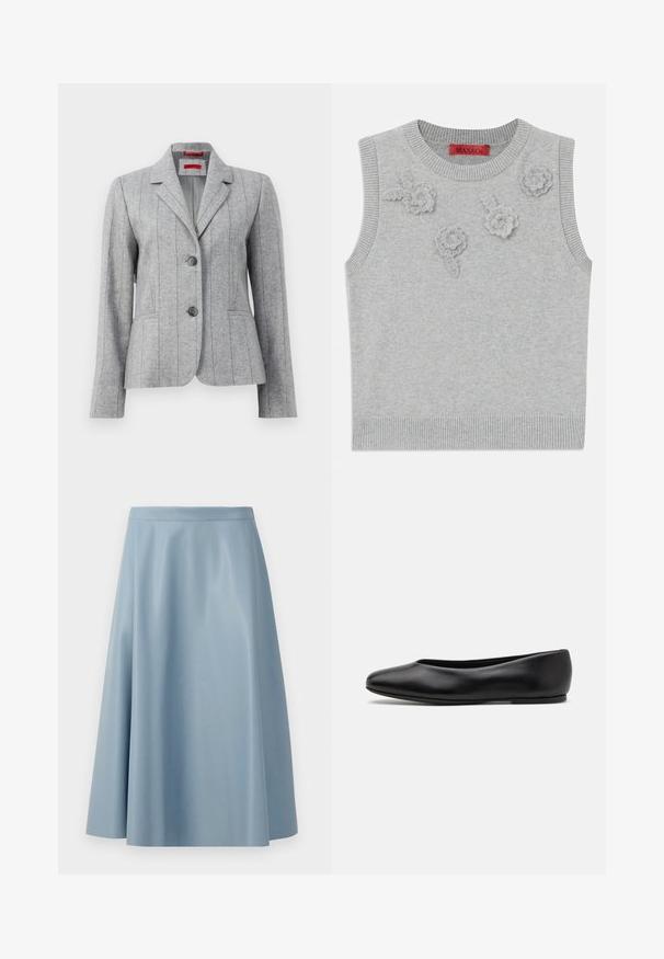 Sivina krojena blazer jakna z rever ovratnikom, dvema sprednjima gumboma, navpično nastavljenimi šivi in sprednjimi žepi, prikazana na beli podlagi.; Svetlo siva brezrokavnik s rebrastim izrezom in robom. Ima tri teksturirane cvetne aplikacije na sprednji strani. Blagovna znamka: MAX&Co.; Svetlo modra, razširjena krila iz gladkega blaga, ki se ponaša z minimalističnim dizajnom, čisto pásnico in brez vidnih zaponk.; Paul Smith TOPANGA - Balerinke - black