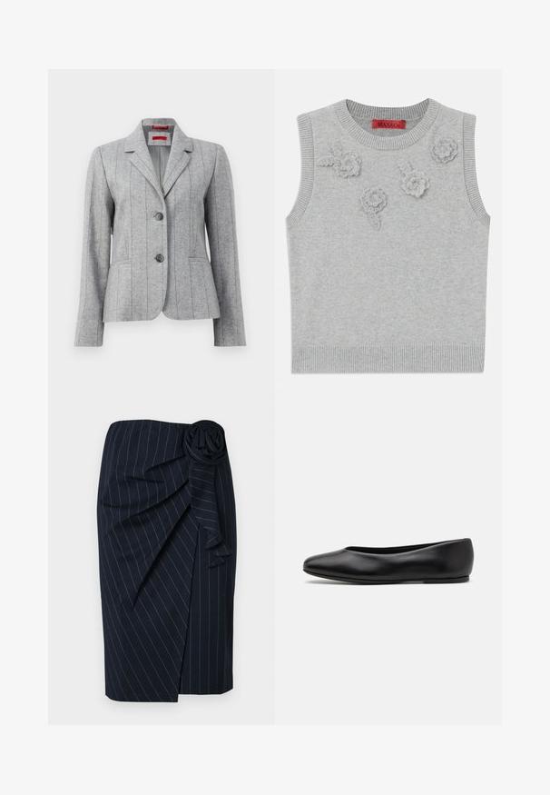 Blazer gris ajusté avec col revers, deux boutons à l'avant, coutures verticales et poches avant, présenté sur un fond blanc.; Pull sans manches gris clair avec un col et un ourlet côtelés. Présente trois appliqués floraux texturés sur le devant. Étiquette de la marque : MAX&Co.; Jupe bleu marine à mi-mollet avec des rayures blanches, design enveloppant et un détail en rosette en tissu à la taille.; Paul Smith TOPANGA - Ballerines - black