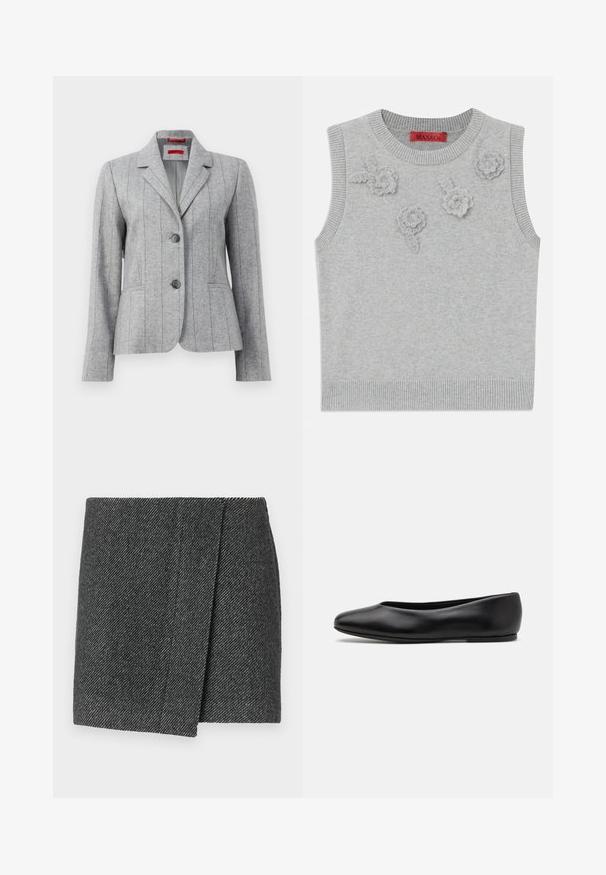 Pelēks pielāgots žakets ar atlokiem, diviem priekšējiem pogām, vertikāliem izšūtiem šuvēm un priekšējiem kabatām, redzams uz balta fona.; Gai pelēks bez piedurknēm džemperis ar ribota apakšmalu un apkakli. Priekšpusē ir trīs strukturāli ziedu aplikācijas. Zīmola etiķete: MAX&Co.; Pelēks herringbone raksta svārki ar apvalku dizainu, ar teksturētu audumu un tīru, taisnu apakšmalu.; Paul Smith TOPANGA - Balerīnas laiviņas - black