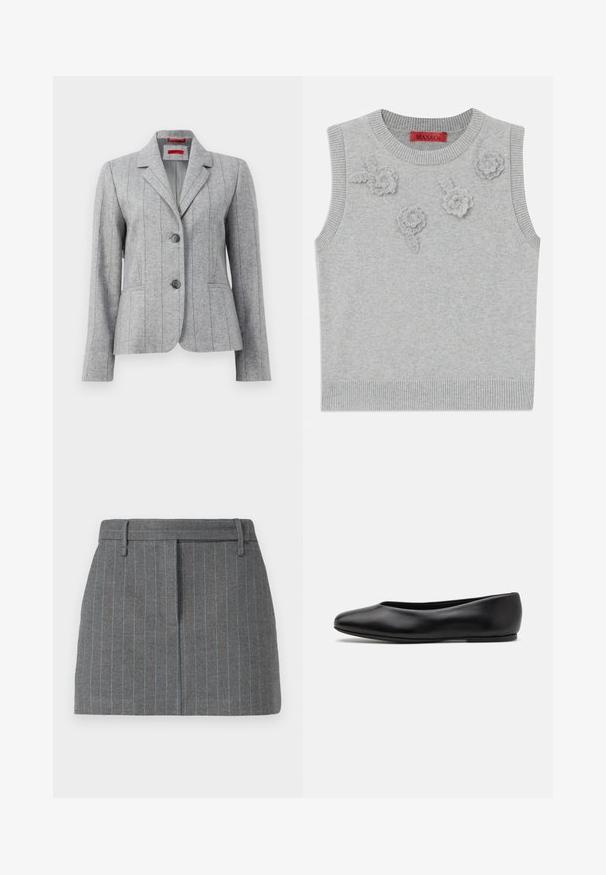 Grau taillierter Blazer mit Reverskragen, zwei vorderen Knöpfen, vertikalen Nahtnähten und Fronttaschen, auf einem weißen Hintergrund präsentiert.; Hellgrauer ärmelloser Pullover mit einem gerippten Hals- und Saumabschluss. Verfügt über drei strukturierte Blumenapplikationen auf der Vorderseite. Markenlabel: MAX&Co.; Grauer Nadelstreifenrock, taillierte Passform, mit hellblauen Streifen, Gürtelschlaufen und einem Vorderfalte. Aus strukturiertem Stoff gefertigt. Kurze Länge.; Paul Smith TOPANGA - Klassischer Ballerina - black